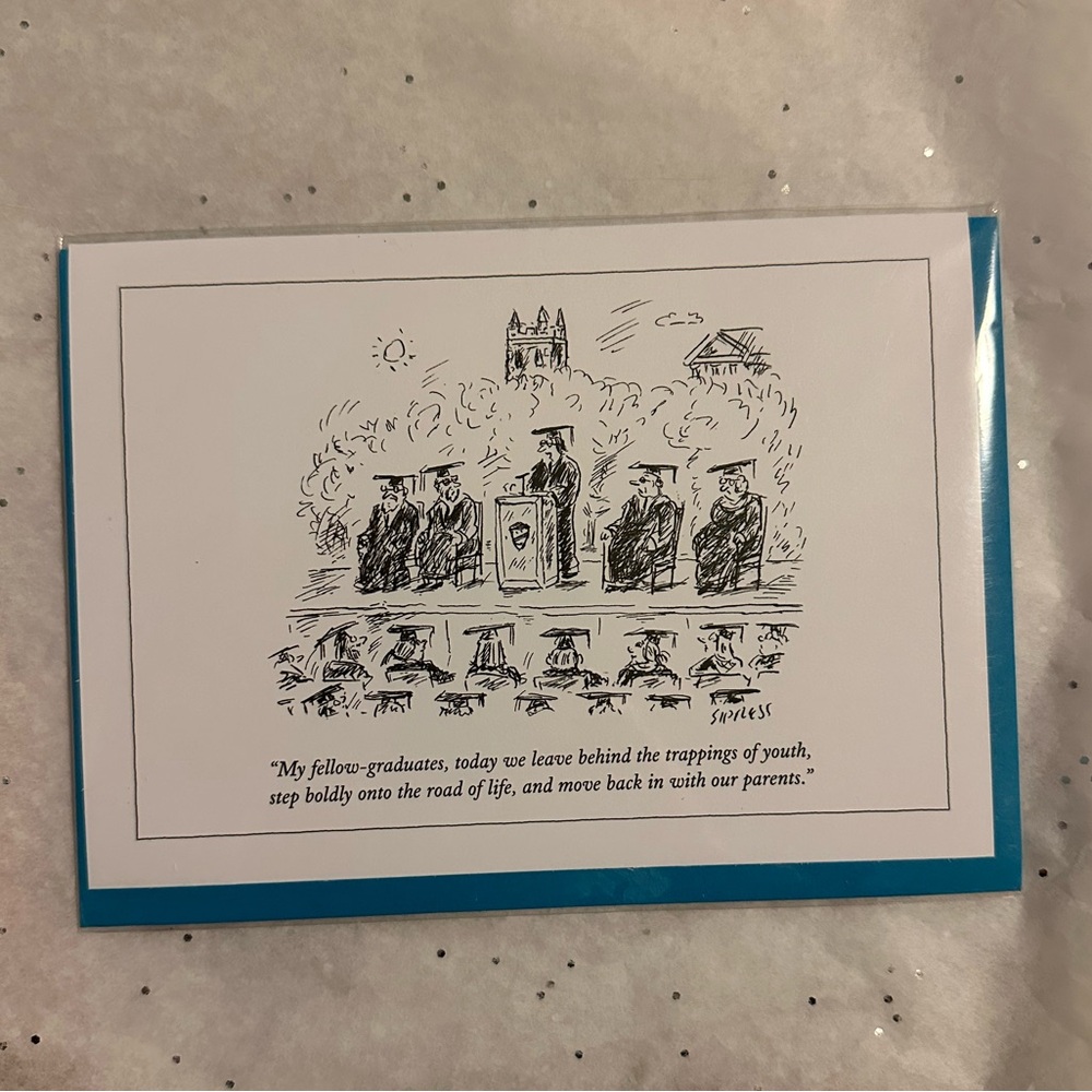 Humorous Graduation Card New Yorker Live with Parents Cartoon Blue Envelope NEW